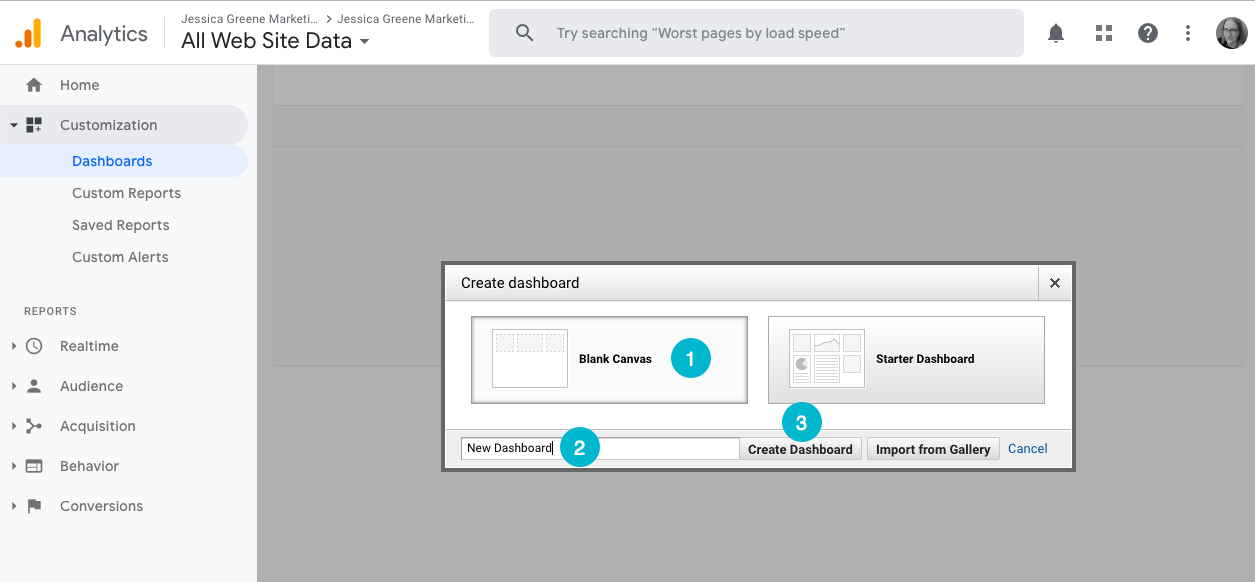 4. Click “Create Dashboard” after selecting “Blank Canvas” GA dashboard